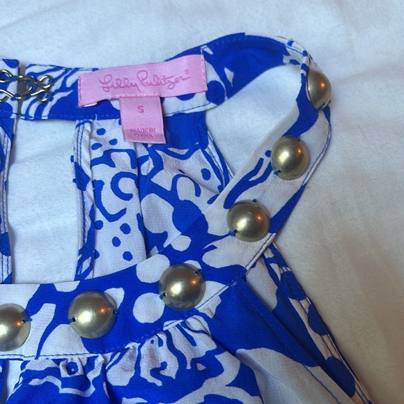 Lilly Pulitzer Size Small Rogan Silk Halter Top Quahog Chowdah Blue White Studs - Picture 3 of 7